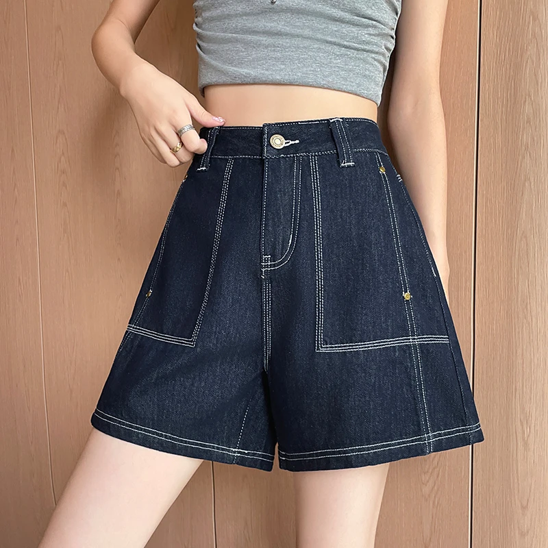 丹宁蓝撞色牛仔短裤女2025夏季薄款设计感宽松显瘦超火A字热裤子