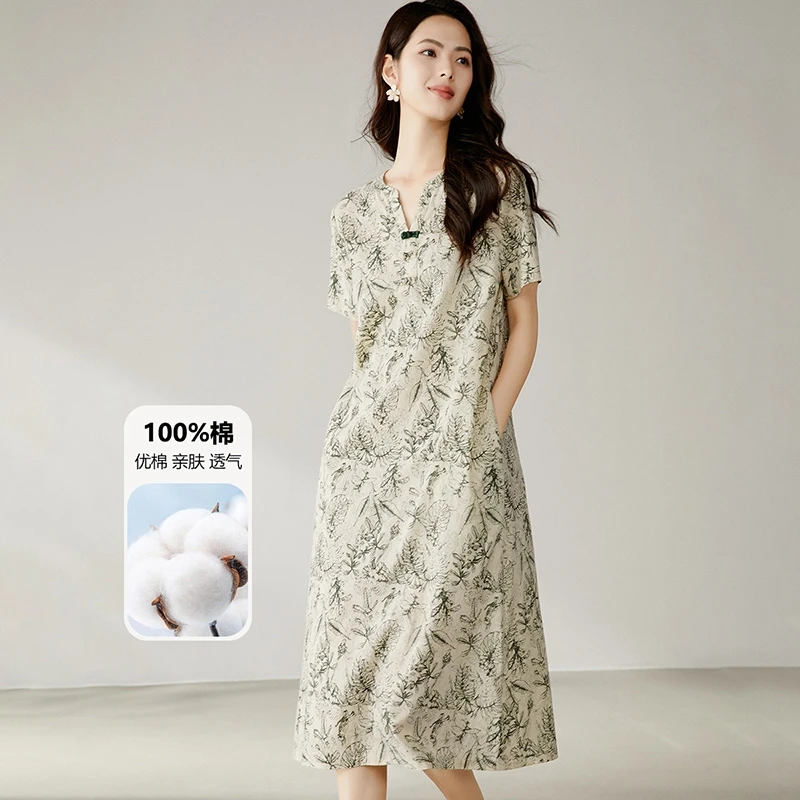 晚白夏季妈妈含棉中长款印花新中式国风收腰洋气裙子25022604