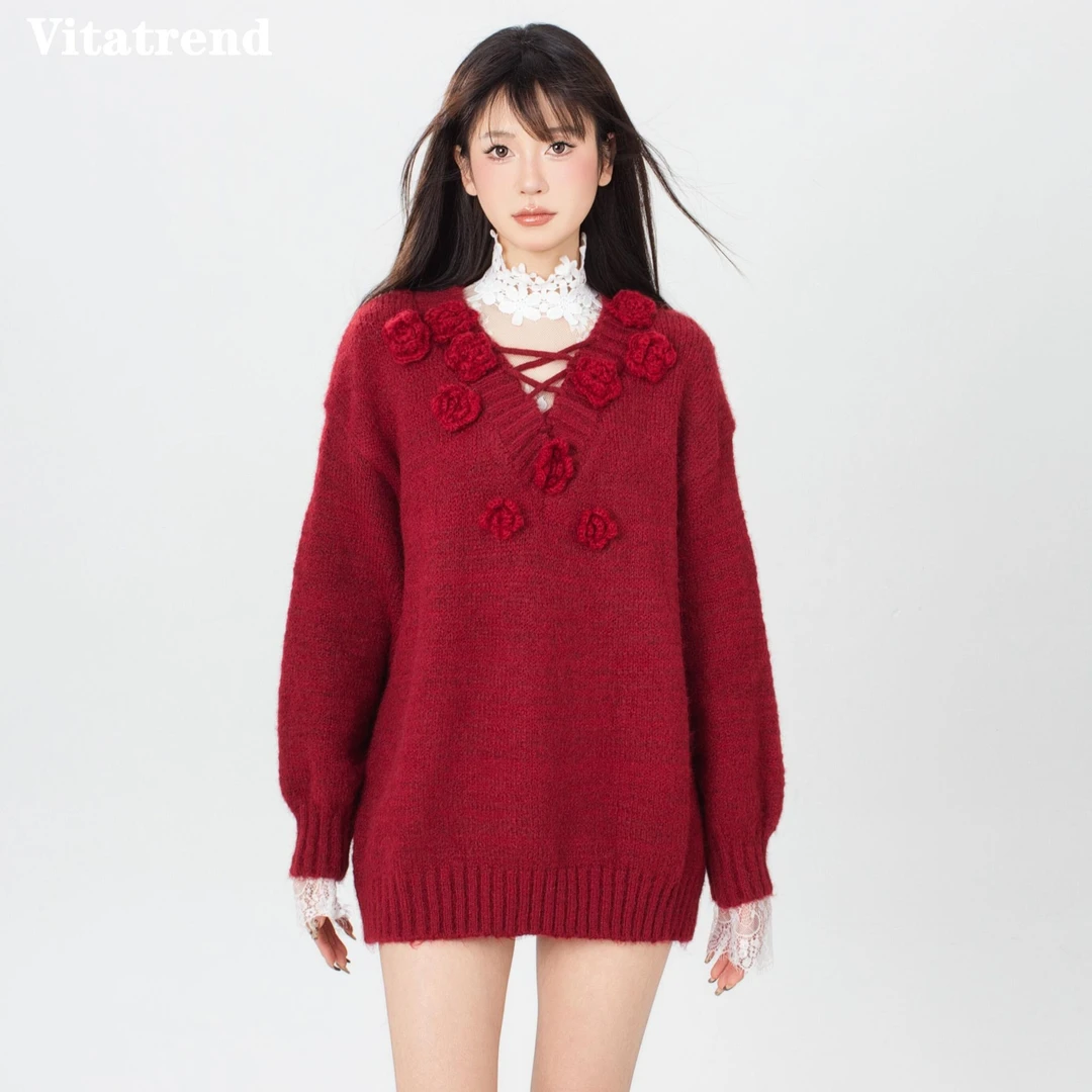 Vitatrend花边领蕾丝内搭立体花朵显白毛衣两件套秋冬红色
