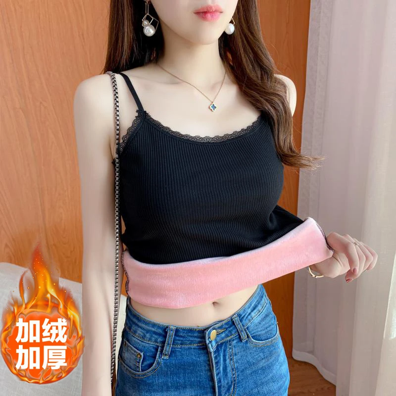 实拍秋冬保暖吊带背心女加绒加厚蕾丝无袖上衣女内搭打底背心女