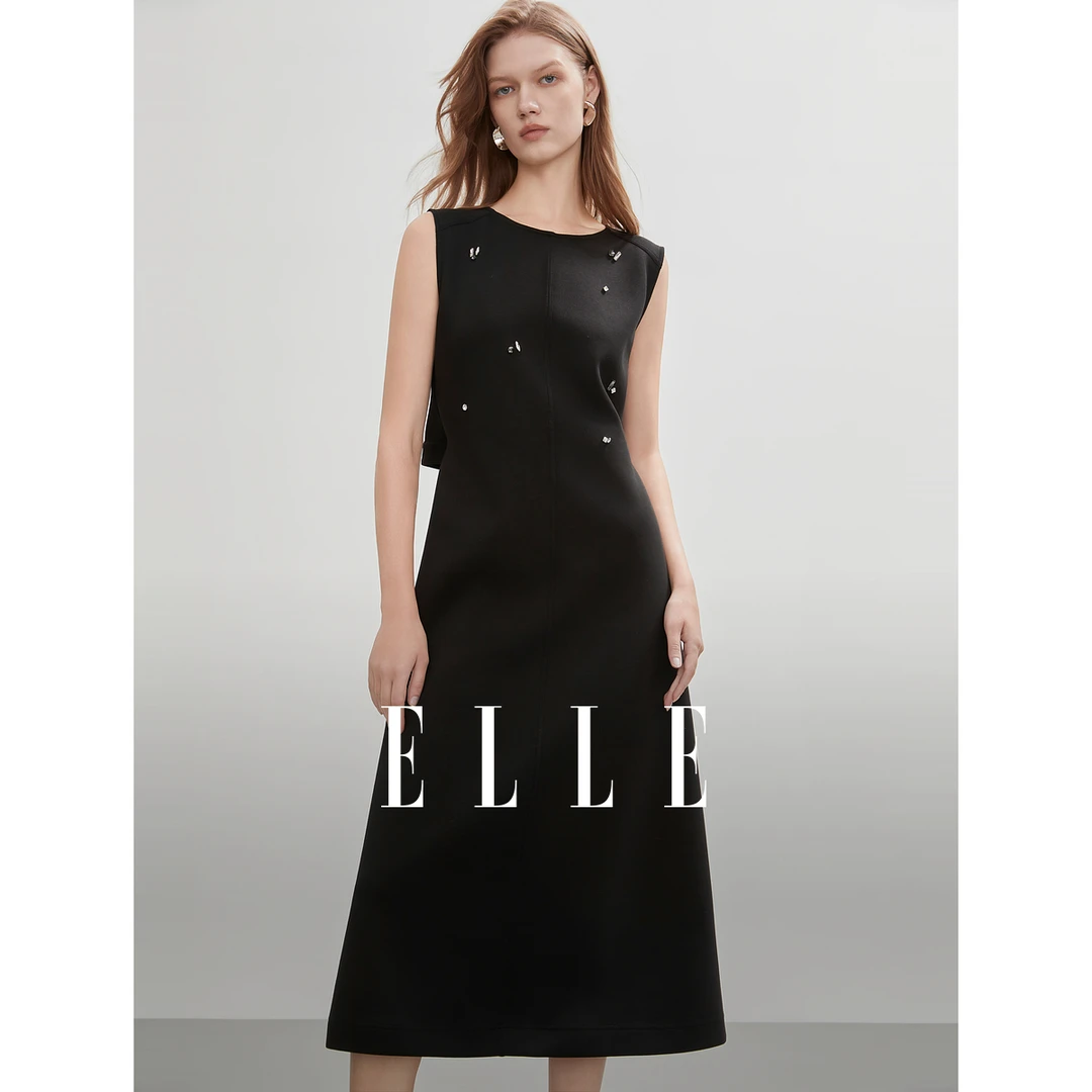 ELLE钉钻高级感连衣裙女2025夏季新款无袖圆领气质EL51506