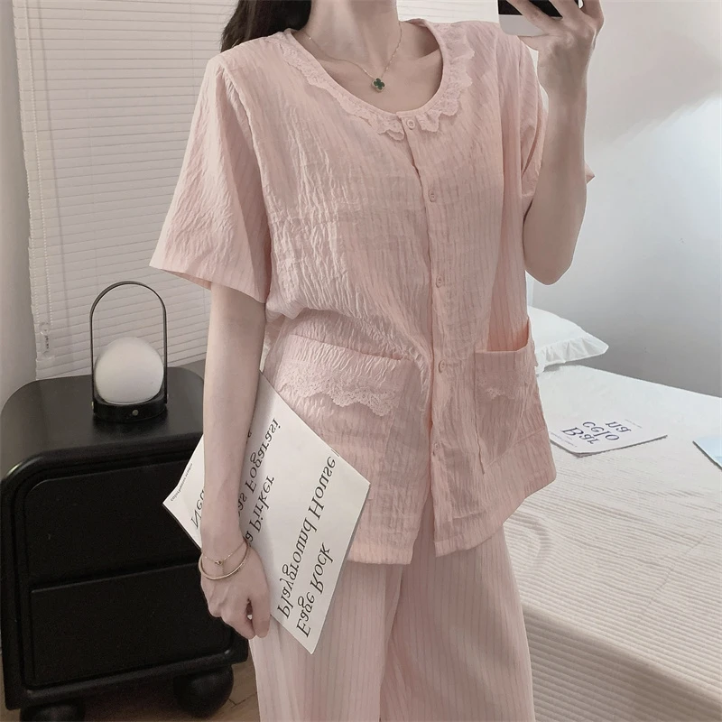 新款夏季睡衣女短袖长裤花边蕾丝减龄薄款女士家居服带胸垫三件套