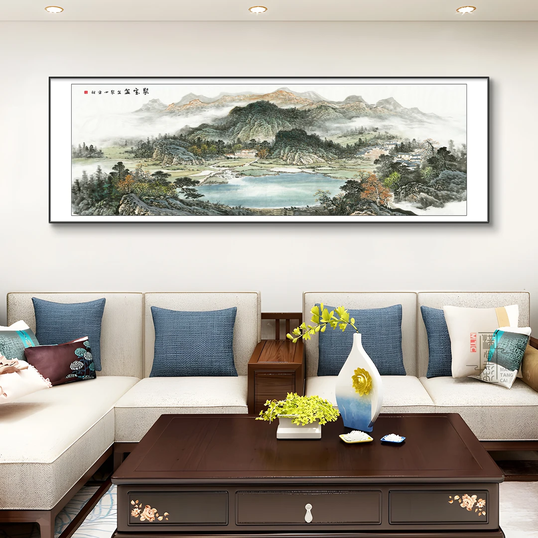 聚宝盆山水风景客厅装饰画聚财纳福沙发背景墙挂画大气办公室挂画