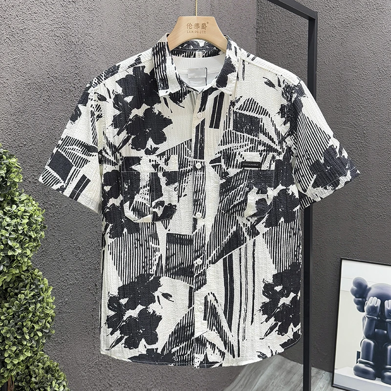 专柜轻奢潮牌品质碎花男装衬衫夏季薄款短袖时尚百搭复古痞帅衬衣