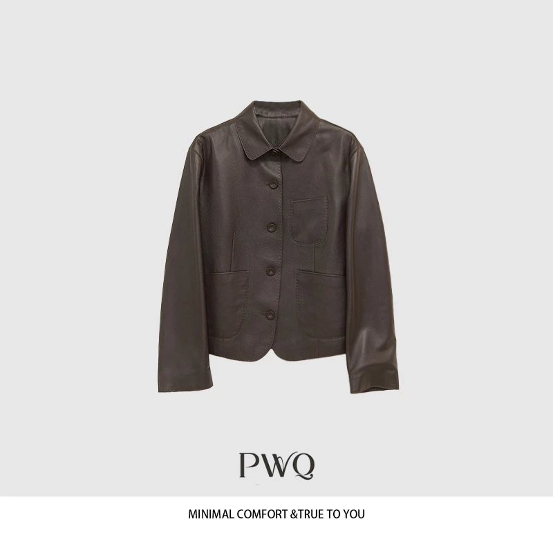 皮衣羊皮翻领长袖外套纯色复古老钱风松弛感女装LJM-2562741-DP