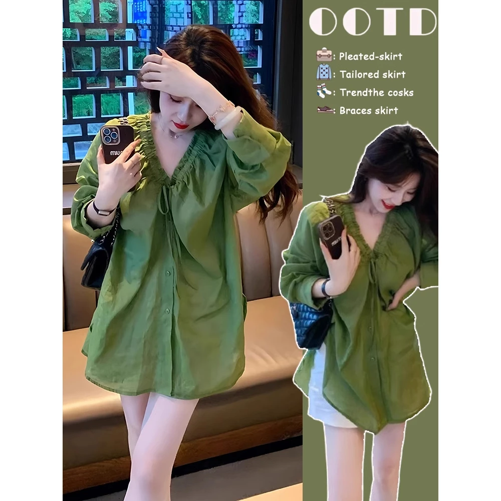 2025夏季新款欧货爆款小衫别致漂亮宽松上衣绿色防晒长袖衬衫女装