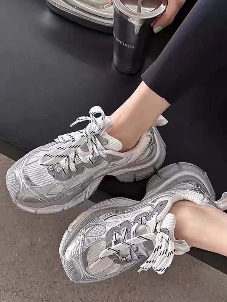 诗歌兰老爹鞋女2025秋新款真皮网面休闲鞋时尚厚底运动鞋女599-1