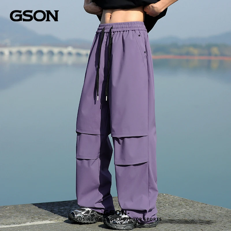 GSON潮牌纯色男女同款工装裤春季户外阔腿裤宽松直筒长裤