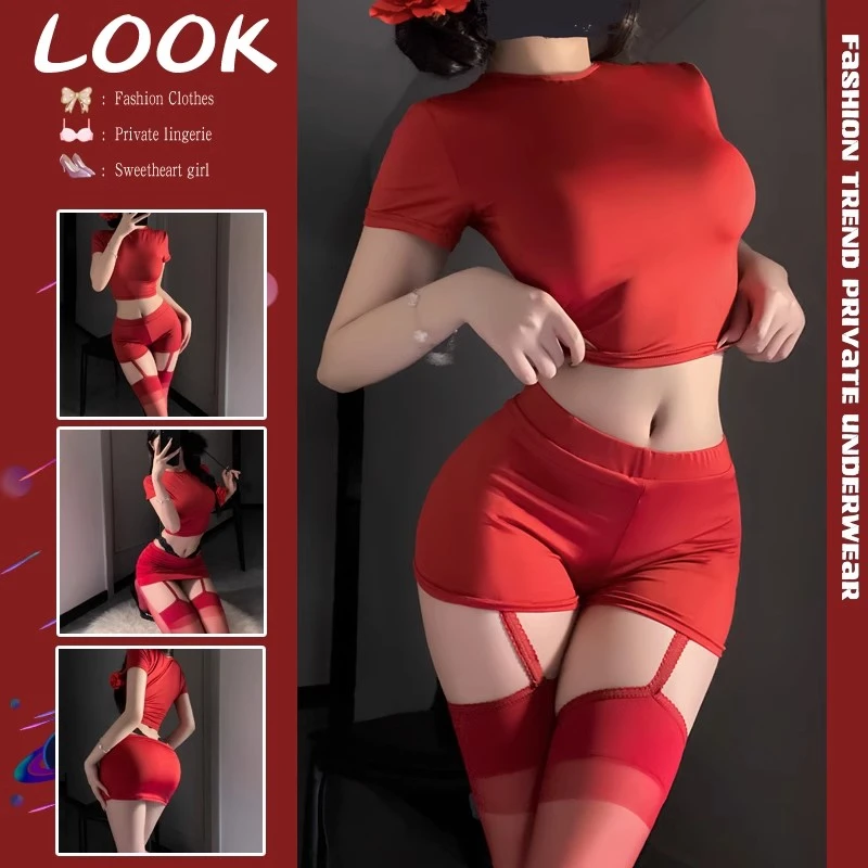 性感辣妹制服套装修身短款上衣包臀短裤两件套诱惑私房情调内衣女