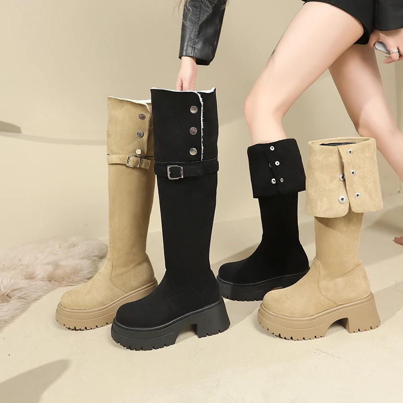 翻折两穿厚底西部靴秋冬新款长筒靴粗跟过膝加绒保暖长靴骑士靴