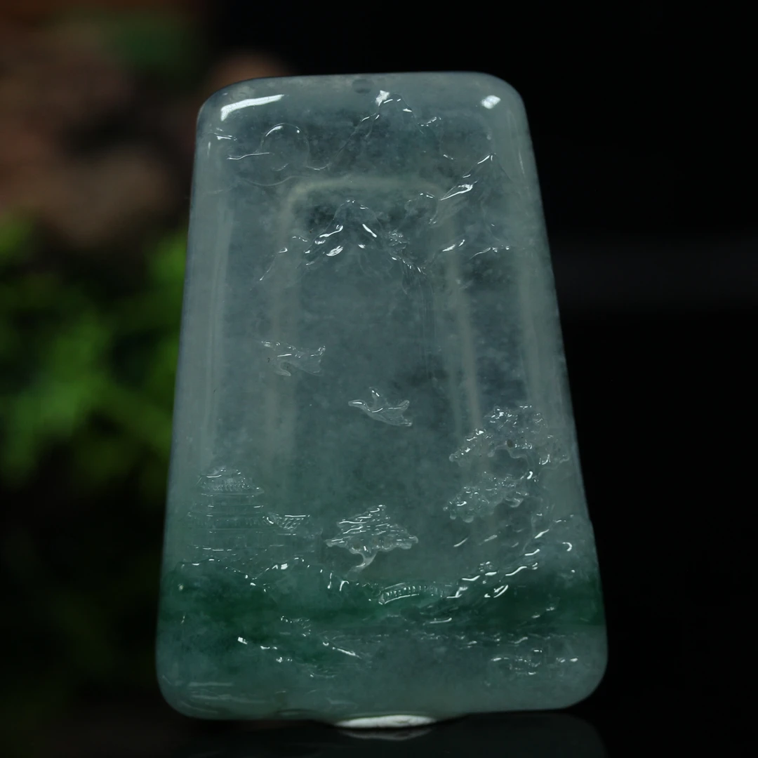 天然缅甸翡翠A货冰飘花 水聚百财山水牌/01019024/拍卖