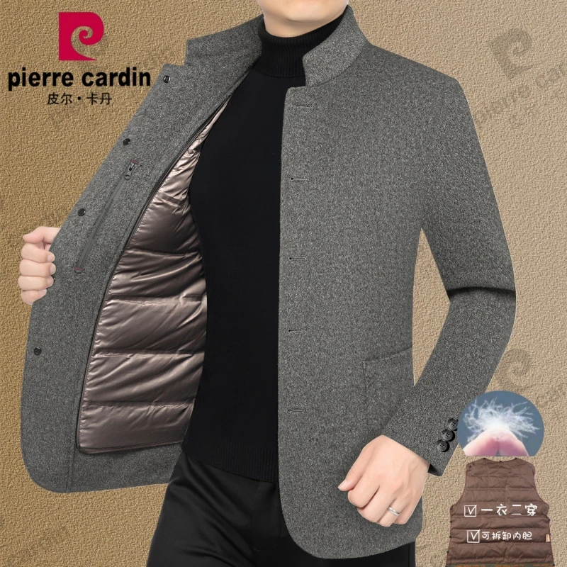 皮尔卡丹高档羊毛呢男士可拆卸羽戎内胆外套冬季中年加厚休闲夹克