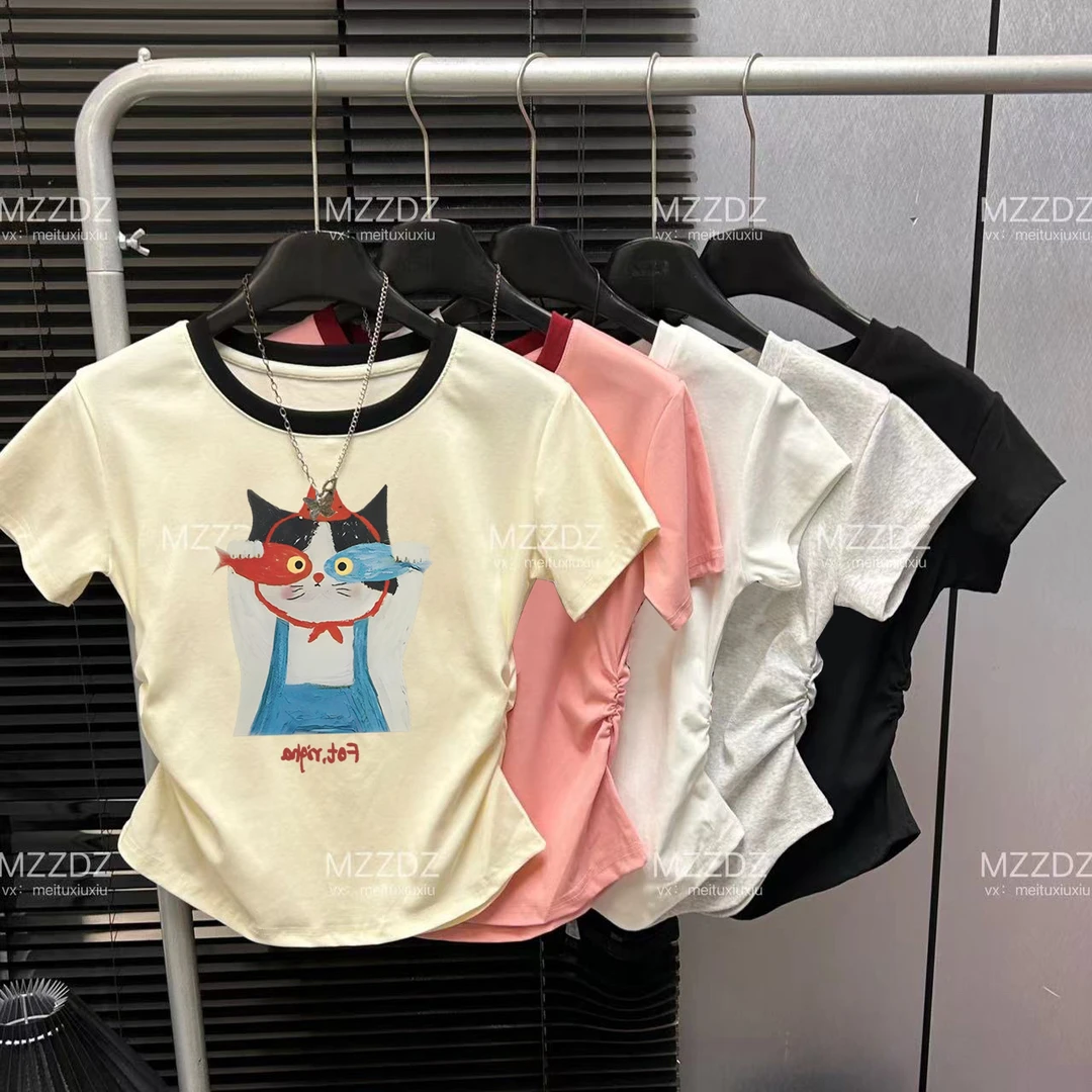 MZZ圆领褶皱收腰显瘦t恤夏季修身拼色眼镜猫印花上衣辣妹正肩短袖