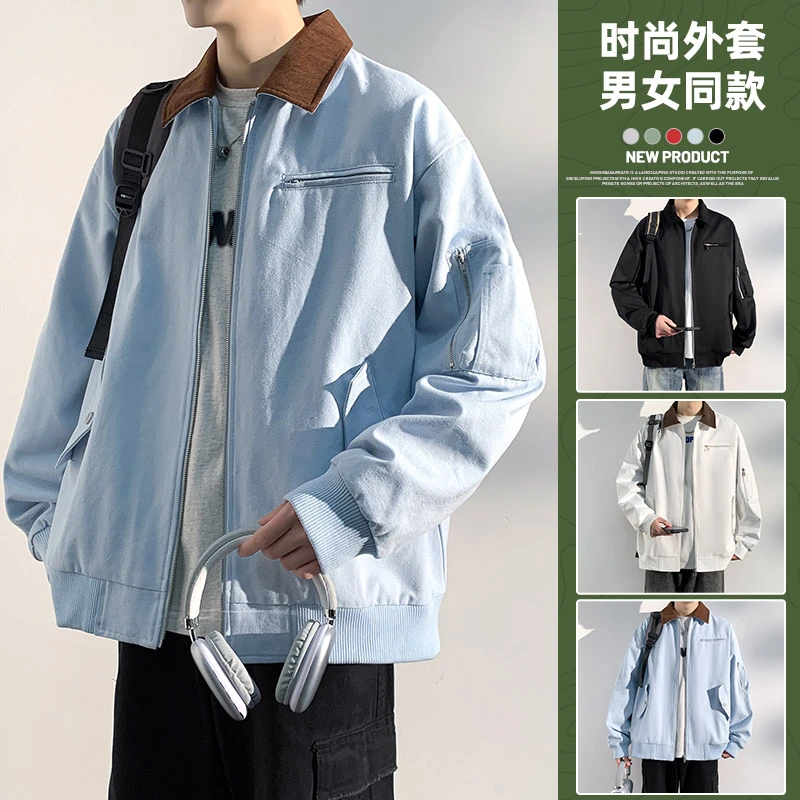青少年百搭翻领Polo衫潮流灯芯绒衬衫领休闲男外套夹克上衣