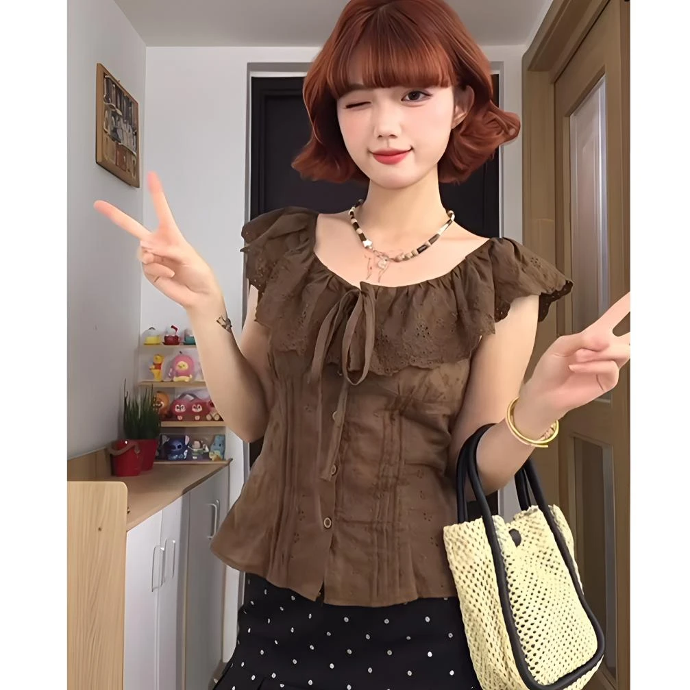 复古风荷叶边系带无袖衬衫女夏季新款蕾丝镂空修身收腰气质上衣潮