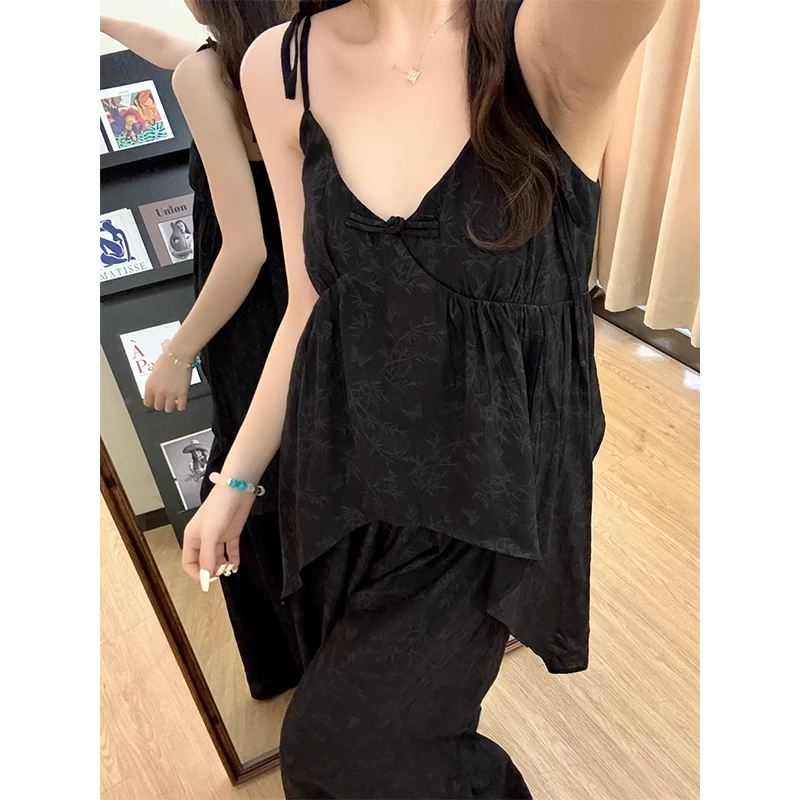 【竹子碎花】法式性感甜美睡衣女夏季新款吊带长裤家居服套装可外穿