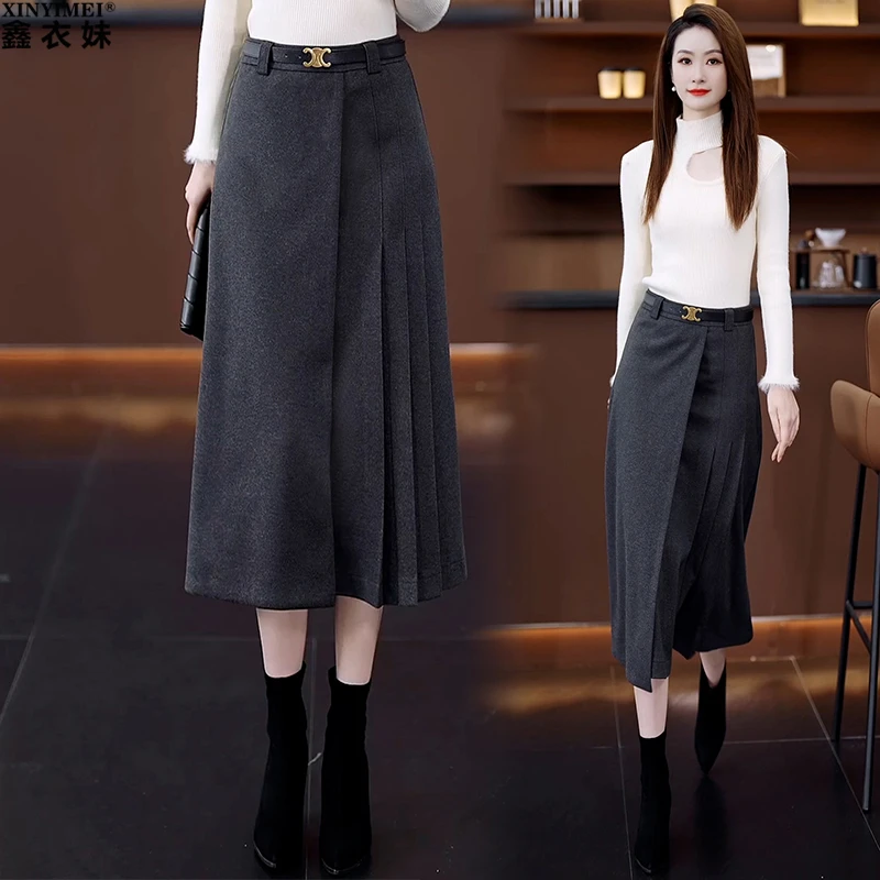 毛呢半身裙女秋冬新款2025显瘦大摆裙百褶a字伞裙中长款一步裙子