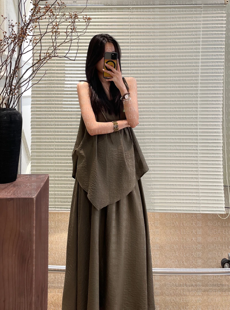 LLei大蕾【流浪者】慵懒度假风圆领露背吊带背心女夏高腰半身裙套装