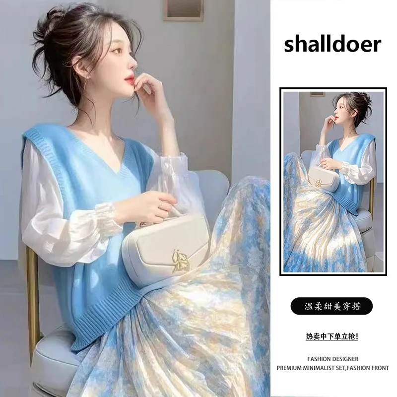 甜美可爱套装女款2025春秋季新款蓝色碎花连衣裙外搭马甲两件套女