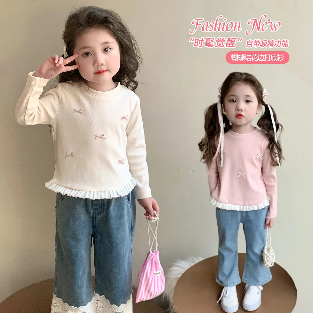 女童打底衫2025春秋新款宝宝休闲洋气蝴蝶结花边上衣儿童圆领T恤