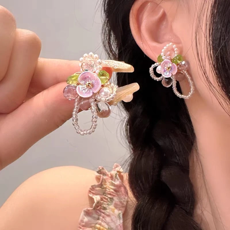 （薄紫花藤）春日氛围感拉满彩色花朵珍珠耳饰美到犯规