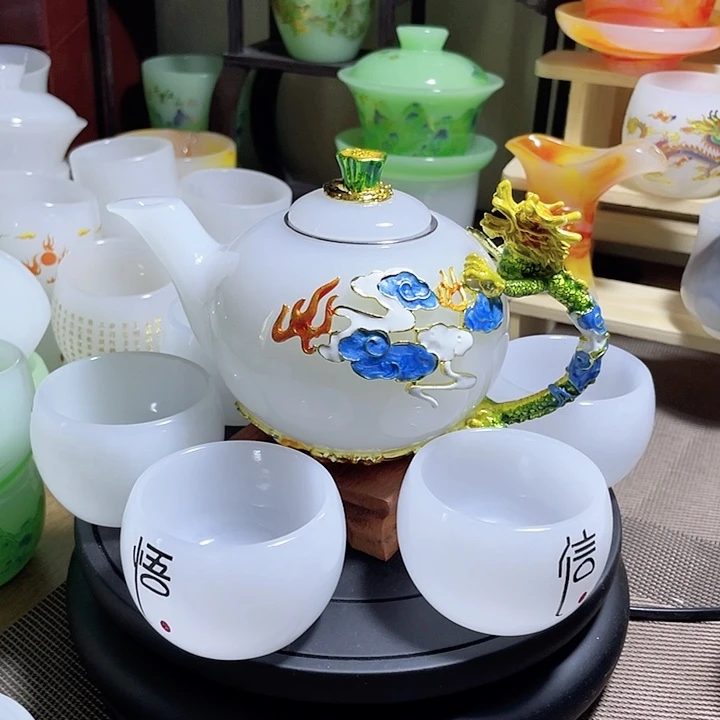 琉璃中式珐琅彩龙腾盛世一壶六杯礼盒装