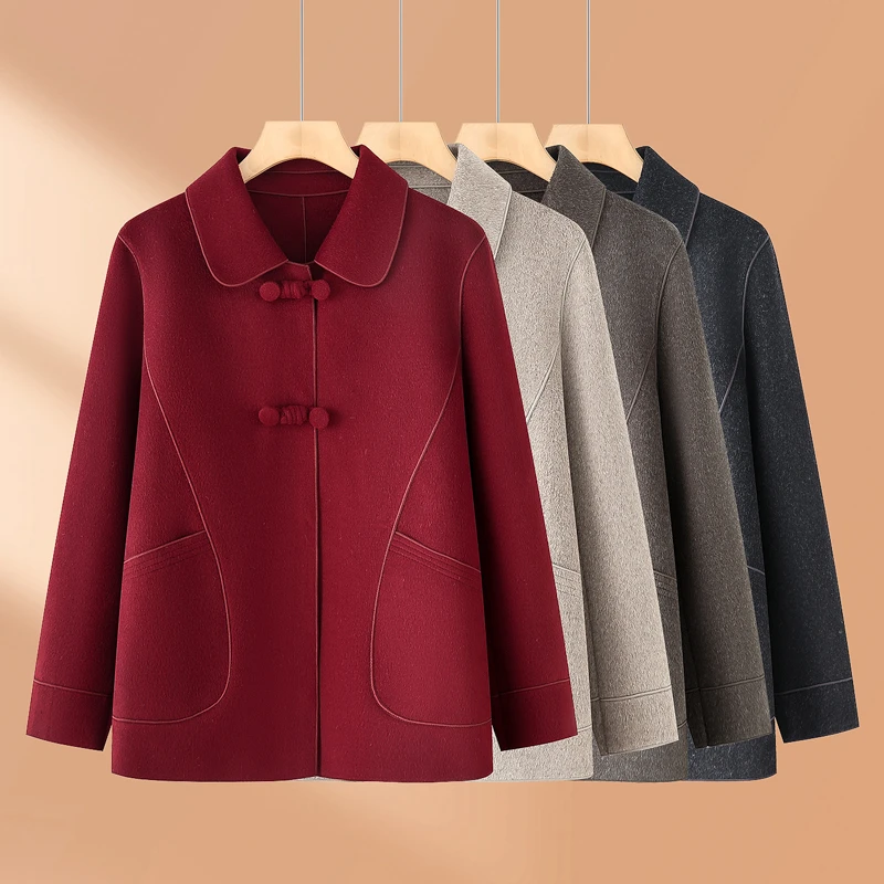 妈妈春装外套洋气毛呢中老年人春秋新款喜婆婆红色呢子呢子大衣女