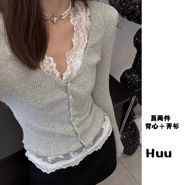 Huu真两件 蕾丝背心加螺纹开衫上衣22201