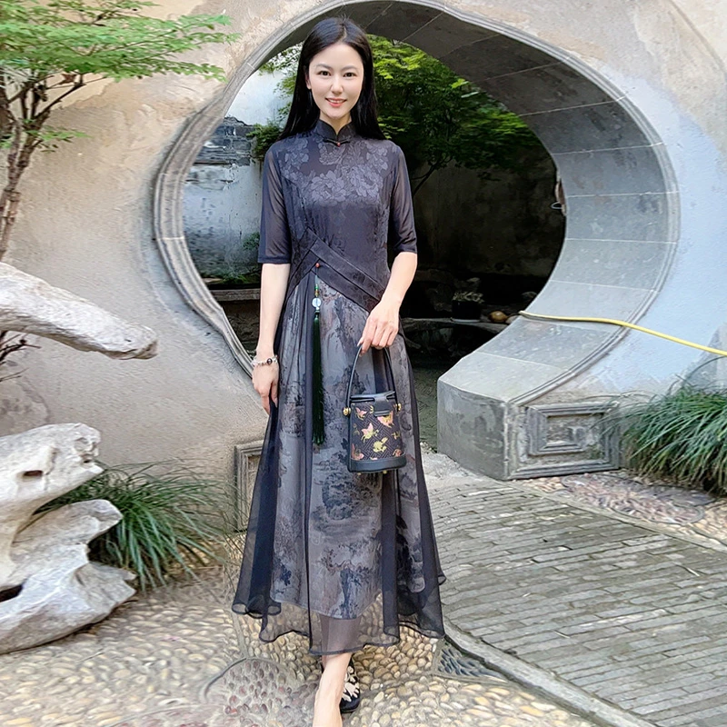 浒城古娘中式国风连衣裙女夏2025新款气质修身大气长裙WH0500298