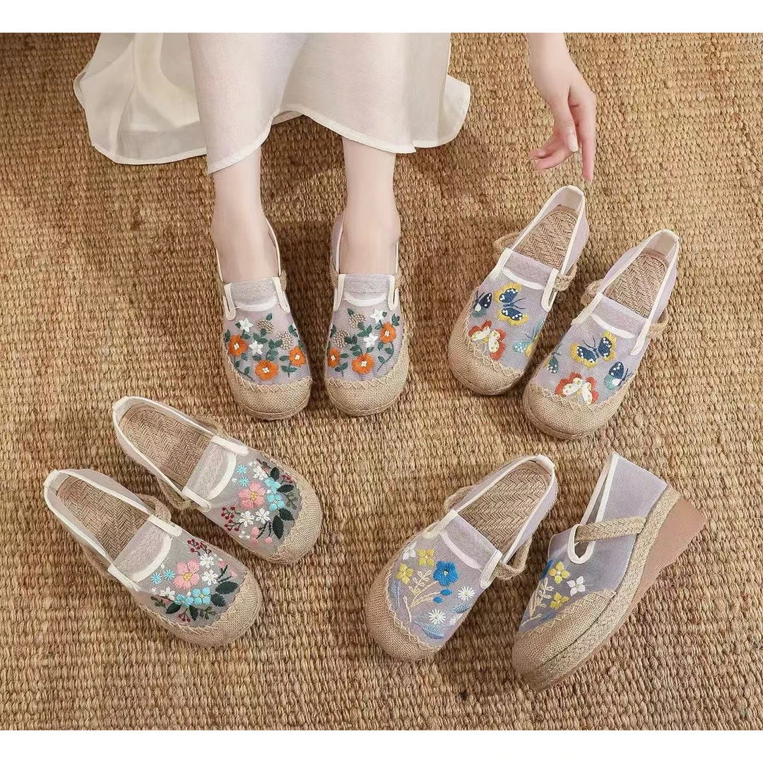 夏季新绣花拖鞋民族风老北京布鞋女古风增高5厘米透气懒人女网鞋