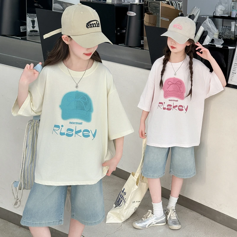 女童夏装套装2025新款中大童洋气韩系短袖T恤休闲牛仔中裤两件套