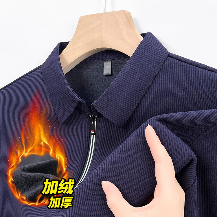 新款冬季男士长袖时尚休闲百搭半拉连POLO衫男翻领加绒加厚男上衣