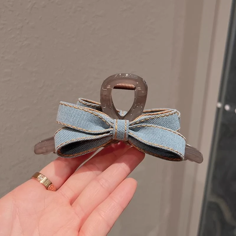 韩国新款时尚后脑勺蓝色牛仔蝴蝶结透明灰色发夹抓夹鲨鱼夹发饰女