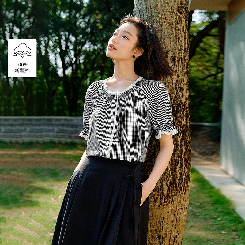 【一秒入夏】茵曼夏季花边黑白格纹纯棉衬衫圆领显瘦短袖衬衣上衣