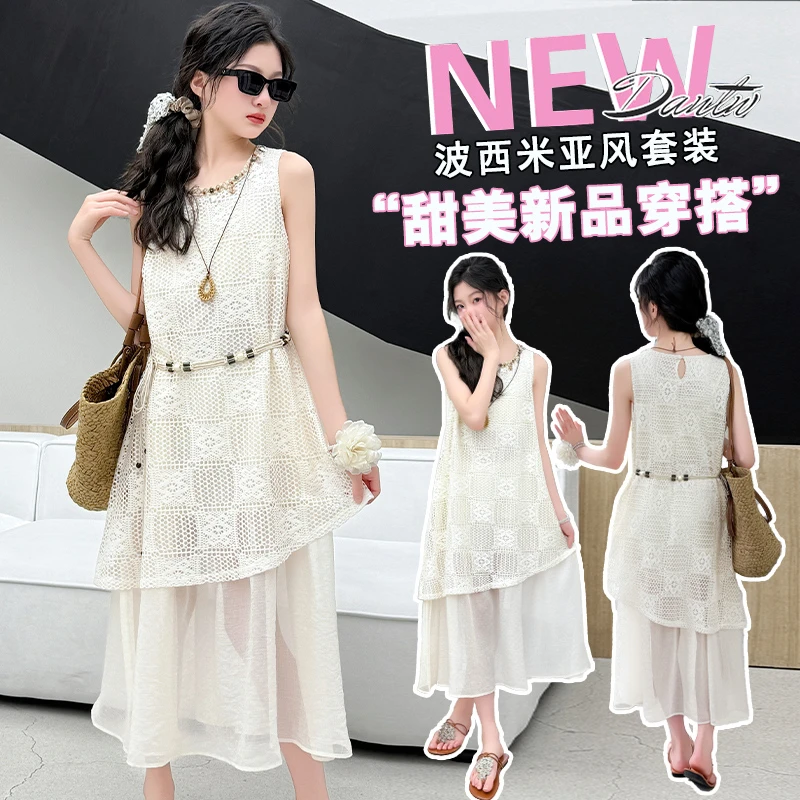 女童夏季薄款网红长裙中大童纯色波西米亚公主裙透气洋气假两件裙