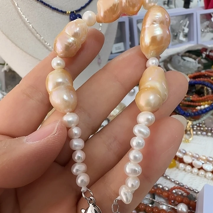 手绳淡水珍珠未镶嵌巴洛克葫芦瓢金天然纹理