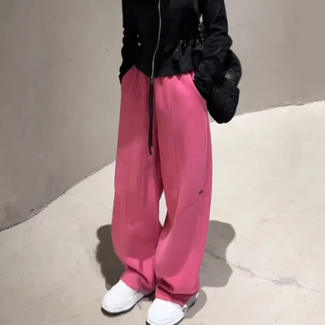 粉色加绒运动裤子女秋冬季2025新款韩系慵懒松弛感显瘦拖地弯刀裤