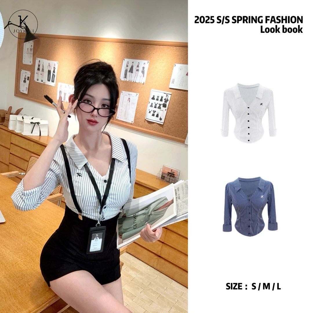 【达人】JOYKIKI【高智欧尼】御姐海妖风显瘦收腰条纹衬衫J25B073