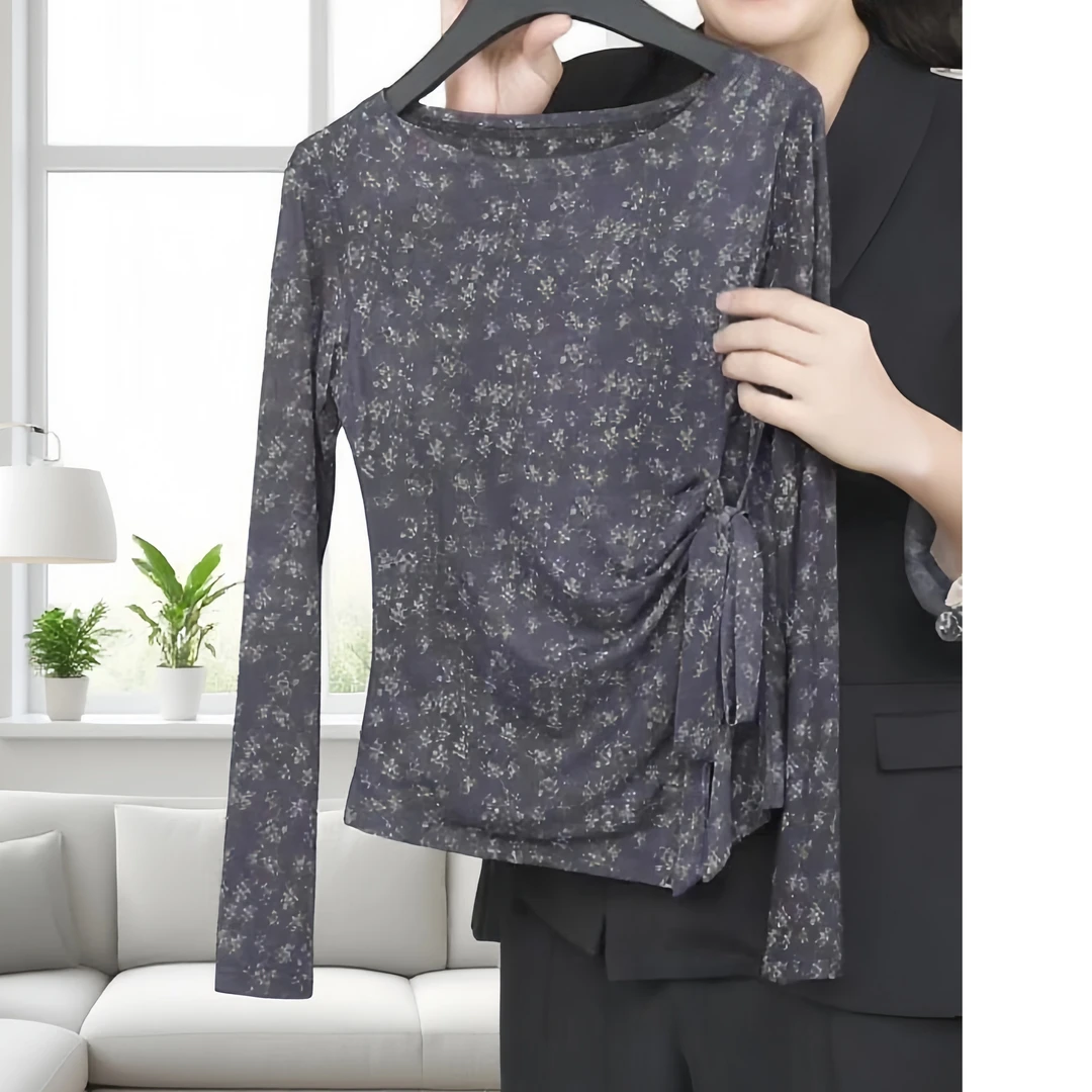 【蓝影碎芳】秋季碎花绑带不规则设计长袖T恤女时髦百搭洋气上衣潮