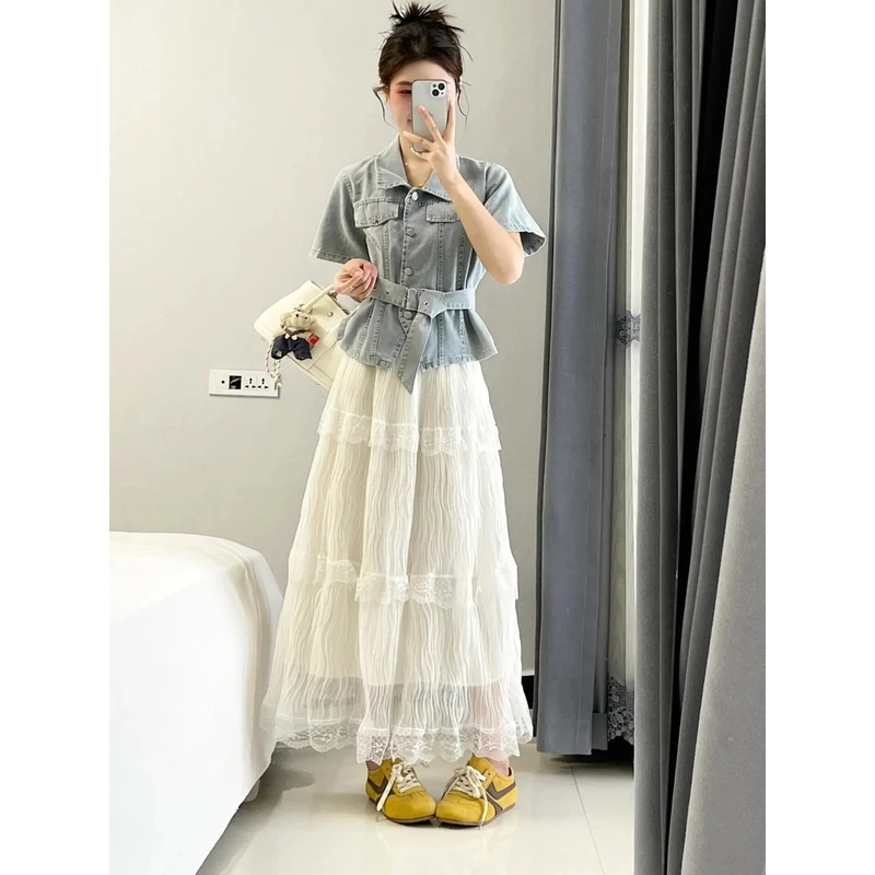 法式设计感牛仔衬衫绑带上衣女韩版时尚显瘦半身裙网纱裙子两件套