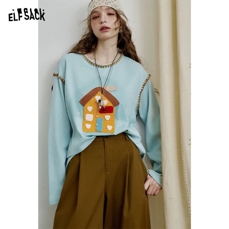 【芋总】妖精的口袋条纹白色印花长袖t恤女春设计感休闲内搭上衣2