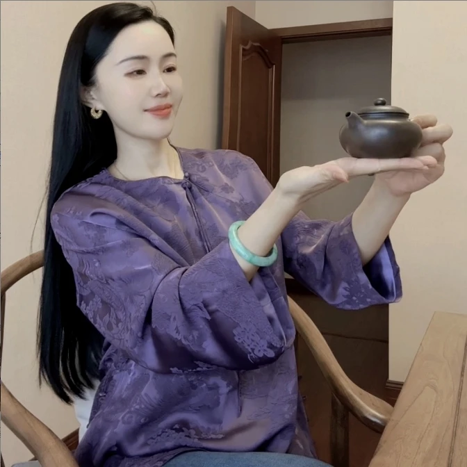 祈愿 芳华设计新中式复古紫色提花太太服国风圆领斜襟上衣