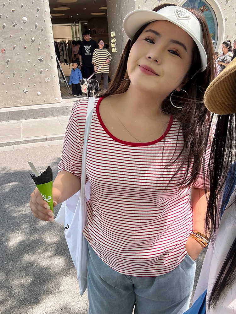 气血充足T/胖mm大码条纹T 天天好气色~