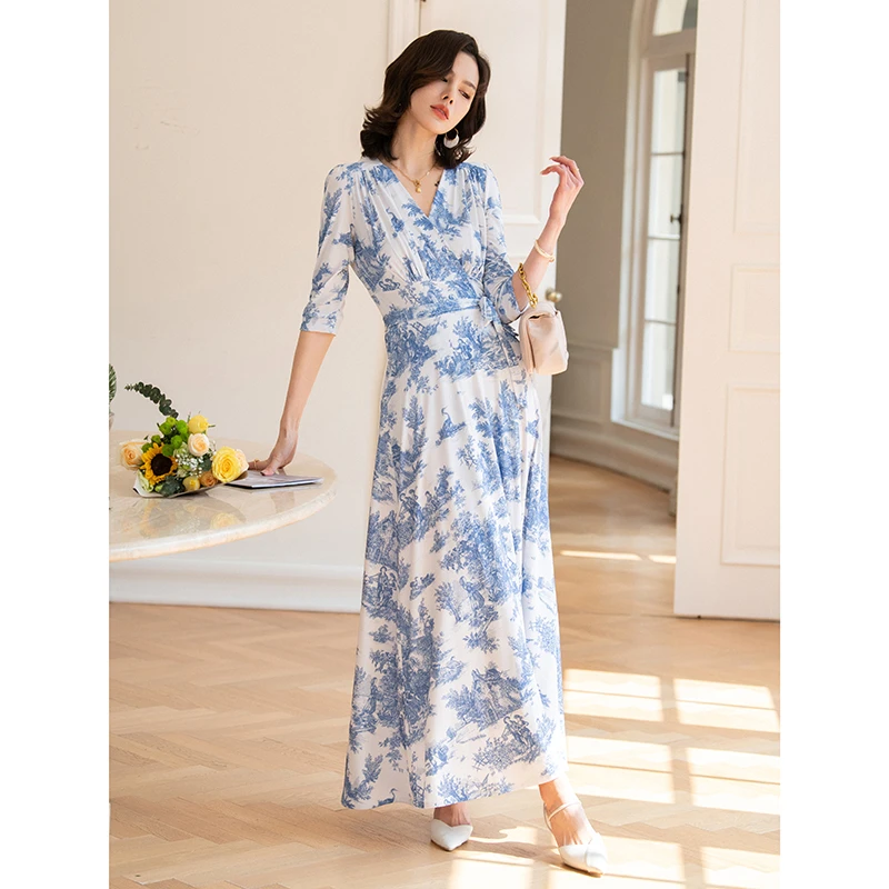 茵芝本 2025裹身裙法式惊艳花色气质收腰显瘦V领长裙连衣裙女夏季