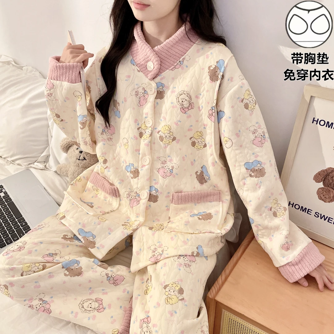 秋冬加厚空气棉带胸垫月子服孕妇哺乳睡衣产后保暖家居服套装外穿