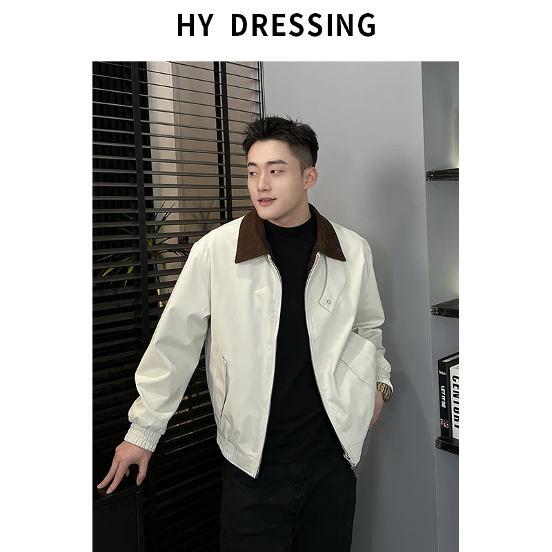 【HY穿搭】春季极简撞色翻领时尚夹克宽松猎装休闲防风外套男6666