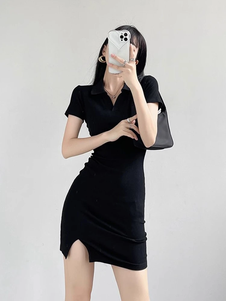 夏季纯欲风黑色v领性感包臀连衣裙女修身裙子高级感夏收腰开叉韩