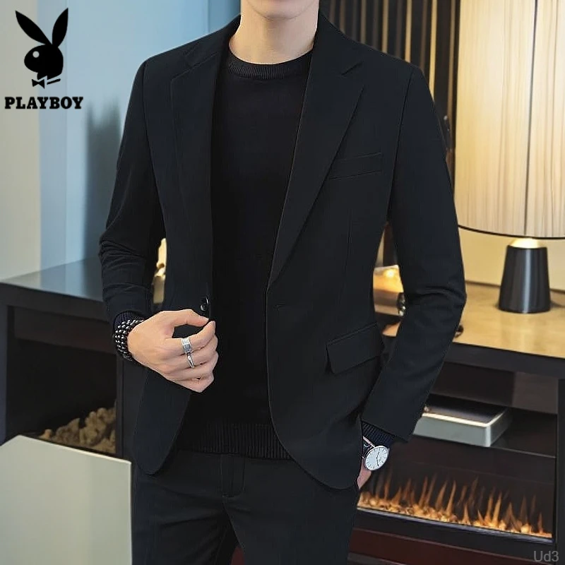 花花公子小西装外套高级感休闲流上黑色西服套装男士修身衣服冬季
