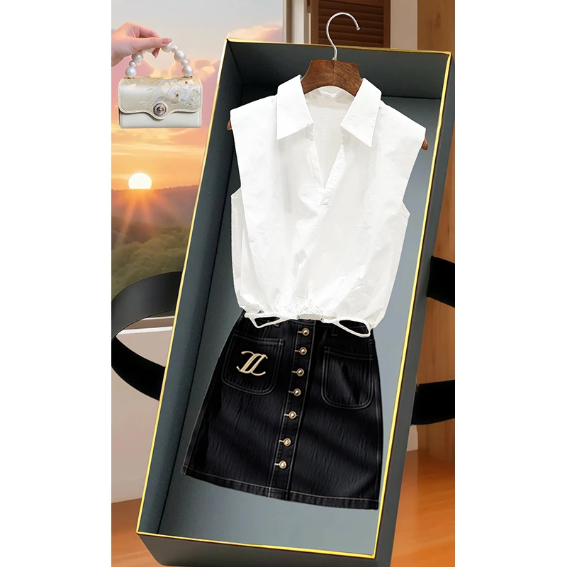 2025一整套新款穿搭爆款洋气显瘦无袖翻领上衣气质包臀短裙两件套