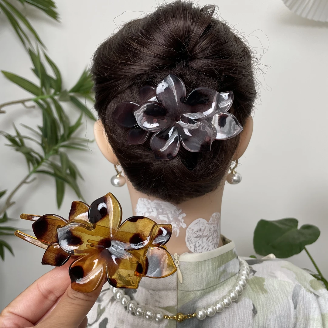 诗泊雅高级感豹纹花朵鸭嘴夹后脑勺气质盘发一字夹成熟优雅风发夹